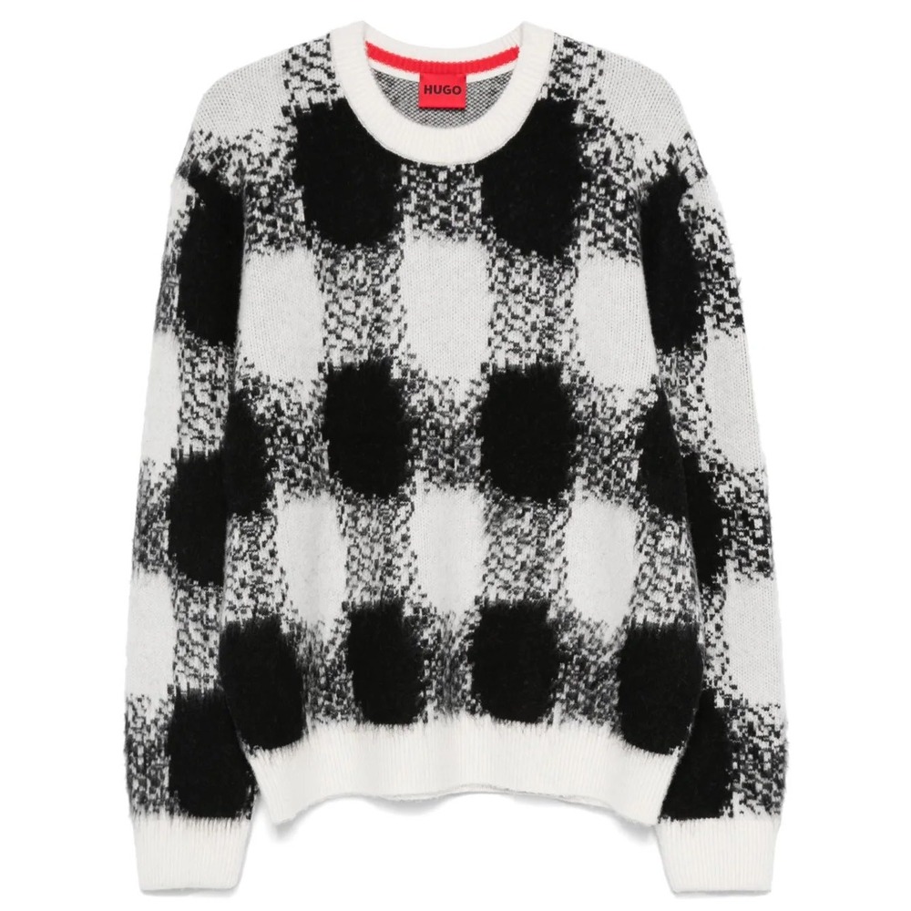 $589 HUGO Boss Shequer Wool Alpaca Blend Oversized Sweater‎ Black White Check XL